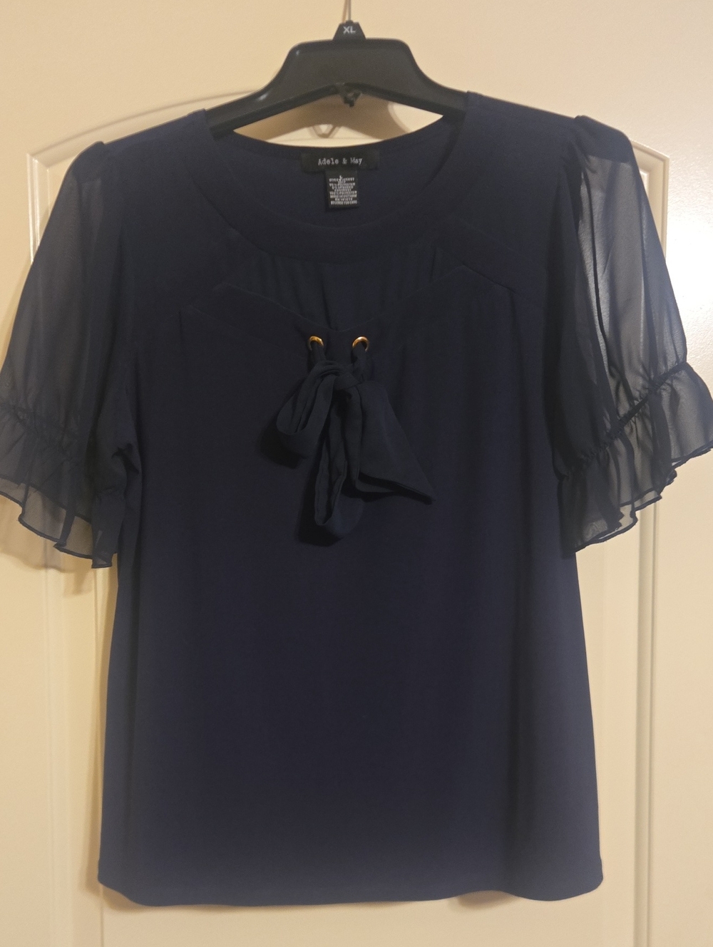 Large Adele & May Navy Tie-Front Flutter Sleeve Blouse